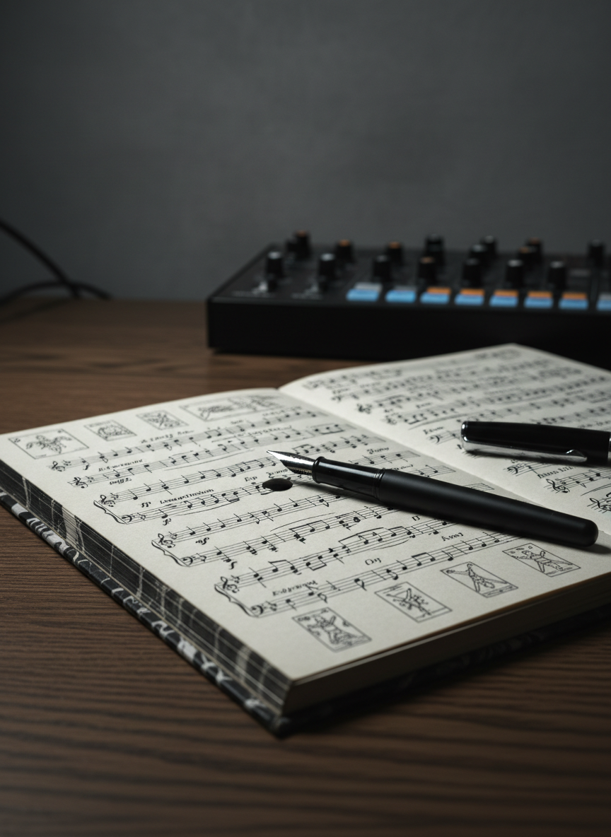 A detailed close-up of a composition notebook open on a dark oak table, its cream pages filled with meticulously handwritten musical notation and small margin sketches referencing tarot symbols, especially variations of L’Appeso. A matte-black fountain pen rests diagonally across the staves, a tiny pool of ink catching the light. In the softly blurred background, an analog synthesizer with muted, backlit controls glows faintly against a graphite wall. Cool, diffused desk-lamp lighting creates gentle highlights on the ink and pen clip while leaving soft, enveloping shadows around the edges. Captured from a low, oblique angle with shallow depth of field, the image feels intimate, intellectual, and quietly intense, evoking the creative process behind contemporary, symbol-rich music.